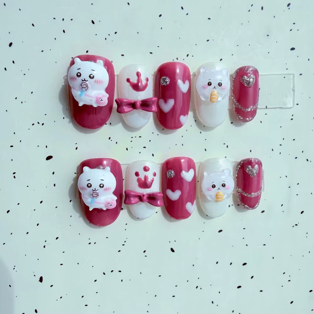 Ongles press-on Chiikawa, mignons, 3D, dessin animé, faux ongles rose et blanc, kawaii, nail art pour filles, cadeau
