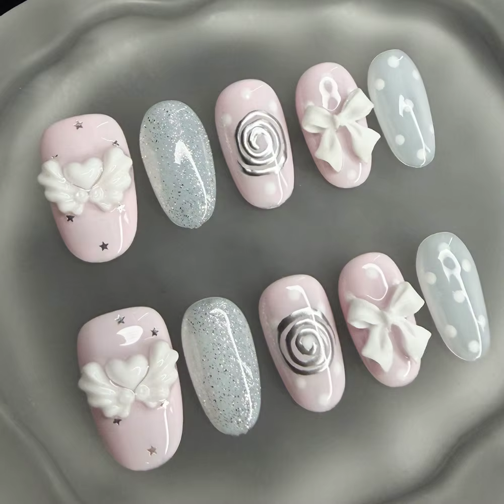 Faux ongles coréens vintage Wishcore courts faits à la main à presser