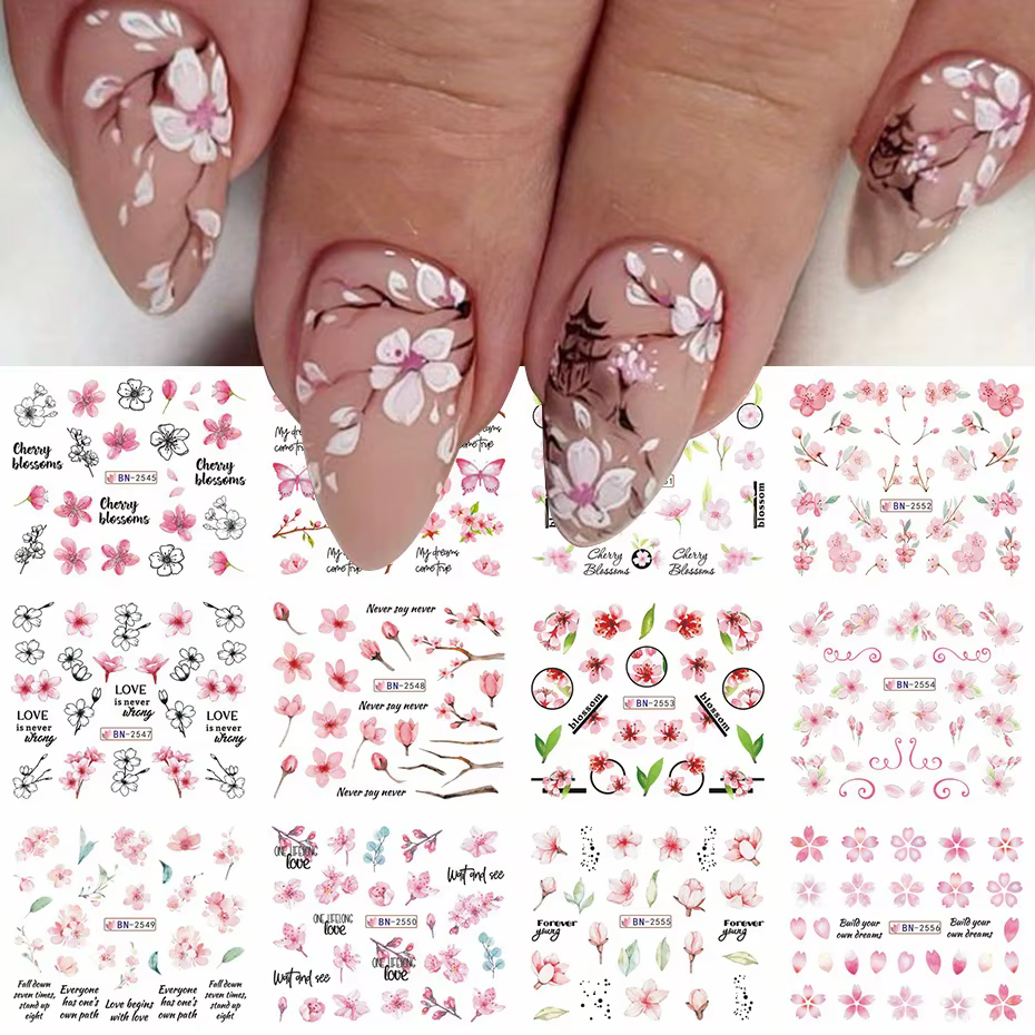 12 pièces rose fleur de cerisier eau curseurs d'ongles hiver nouvel an Sakura feuilles florales autocollants bricolage charme accessoires manucure décor