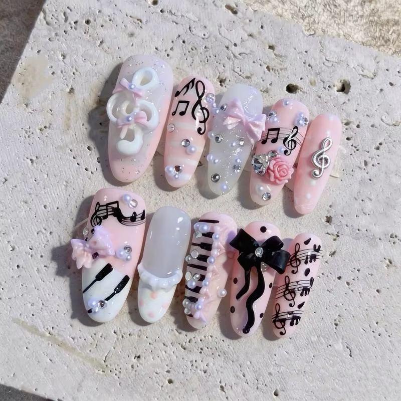 10 faux ongles ovales longs roses et noirs