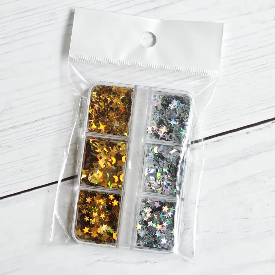 6 grilles brillant Nightsky ongles ornement flocons Chrome Holo argent or étoiles paillettes ensemble UV Gel Nailtips