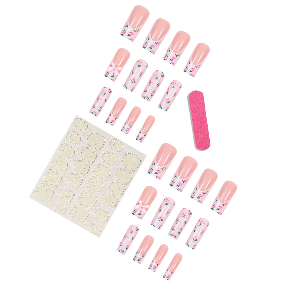 Faux ongles tubulaires longs avec nœuds cercueil rose fleur à pression pointe française portables couverture complète