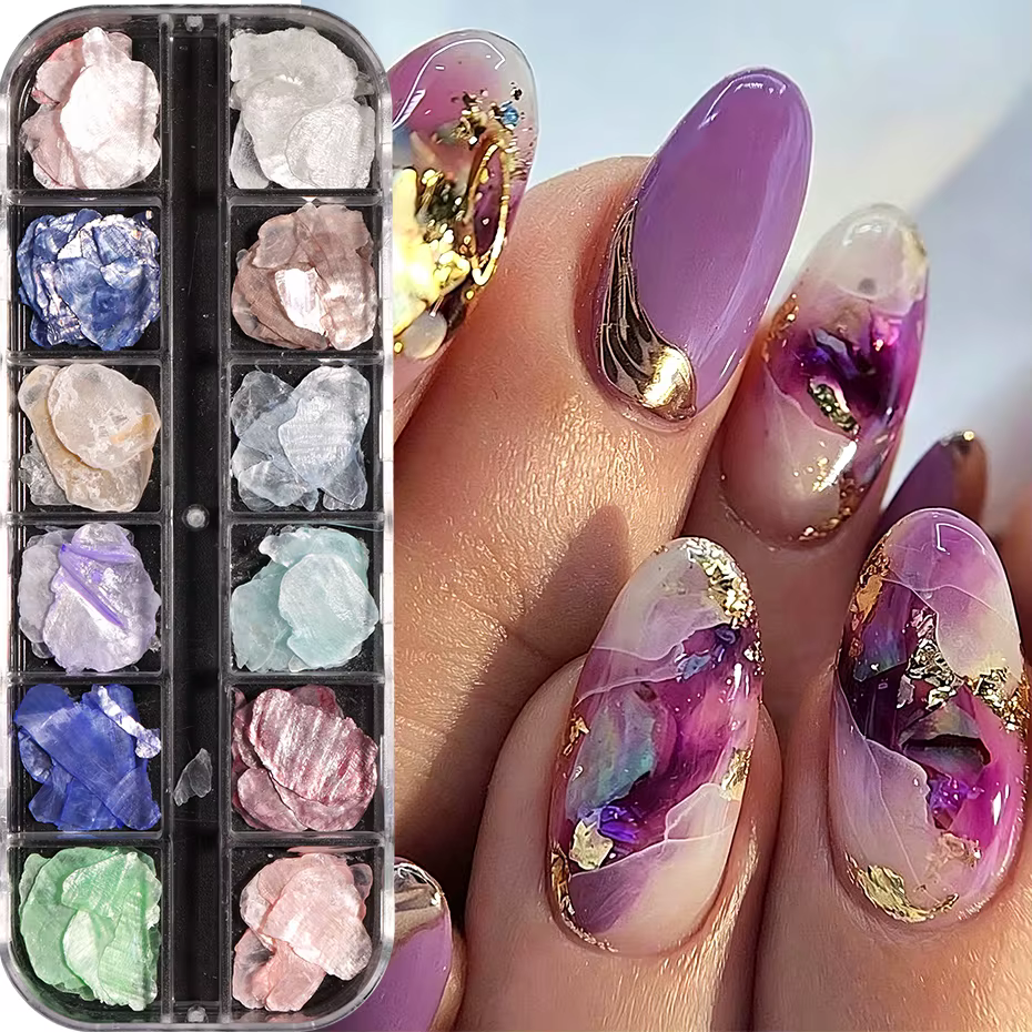 12 compartiments de paillettes pour nail art en forme de coquillages