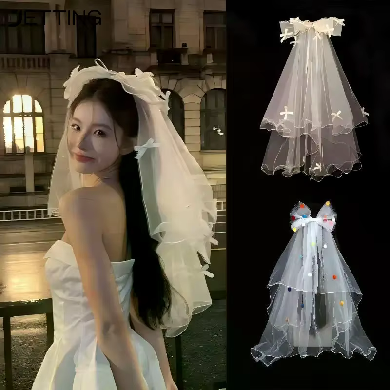 Voile de mariée court blanc en tulle avec nœud et pince à cheveux, accessoires pour enterrement de vie de jeune fille, accessoires pour séance photo