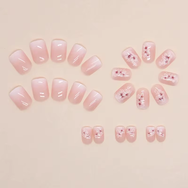 24 pièces d'ongles français courts à fleurs dégradées simples avec 1 colle gelée et 1 lime à ongles