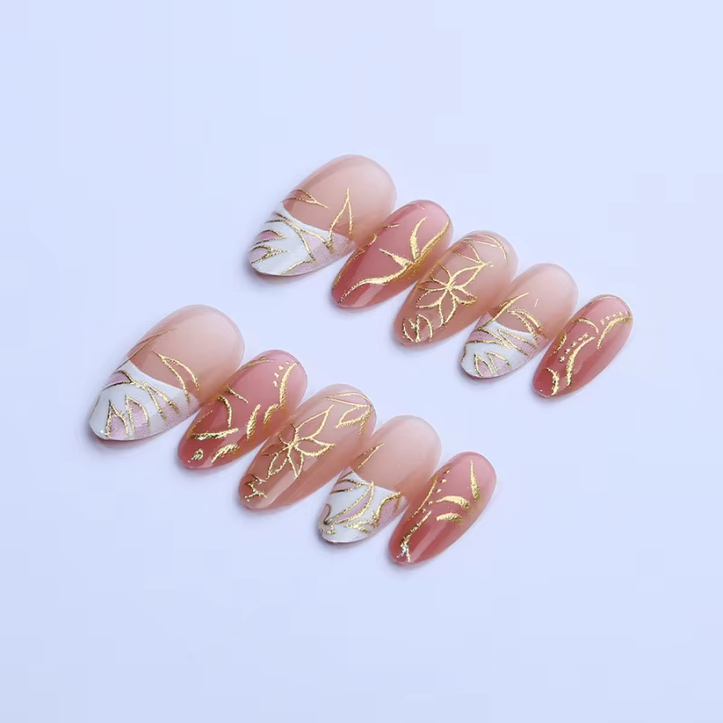 24 pièces de luxe fleur dorée lignes irrégulières amande faux ongles Simple blanc français presse