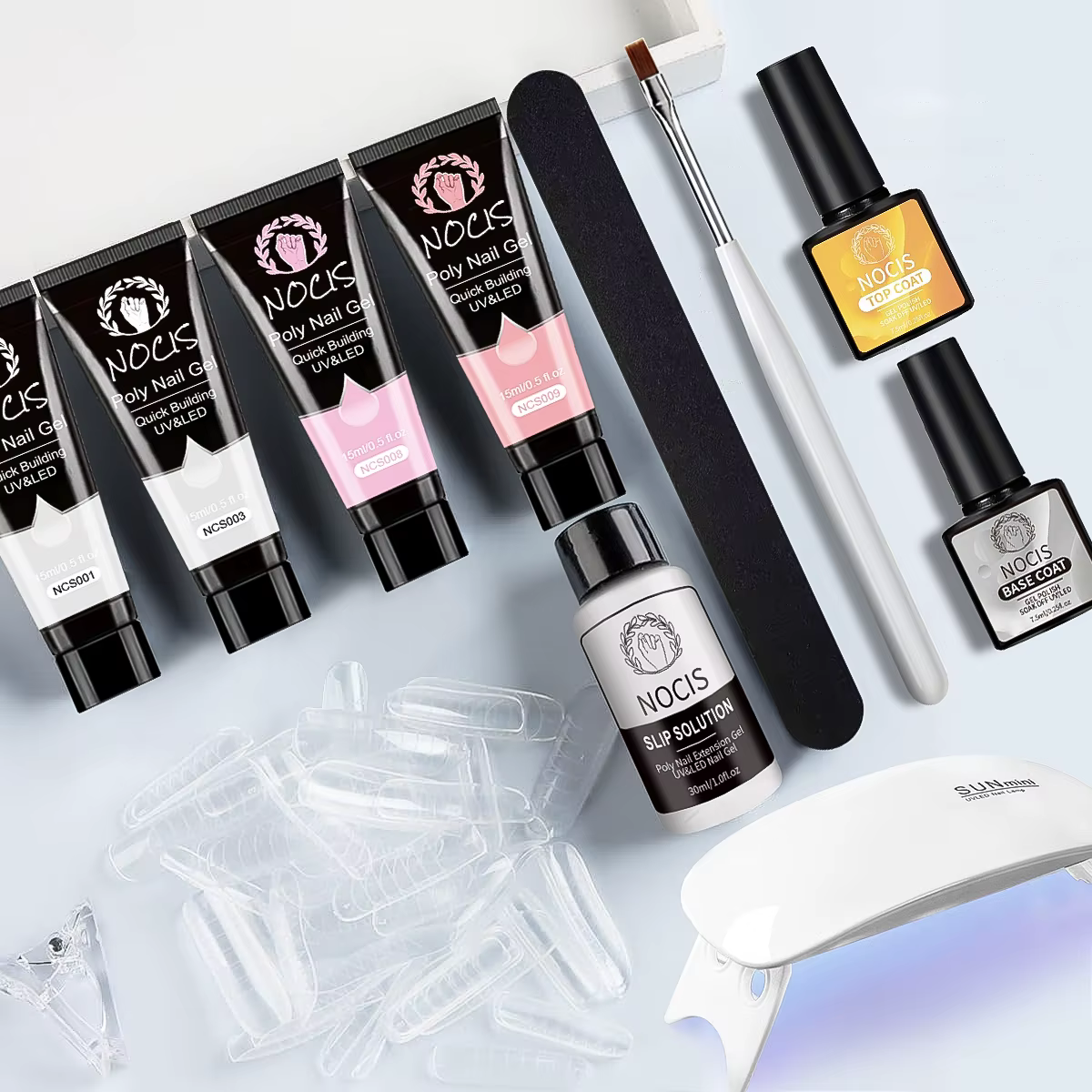 Kit d'extension d'ongles en polygel 4 couleurs NOCIS - Gel de construction résistant et durable avec lampe UV compacte - Obtenez des résultats comme au salon