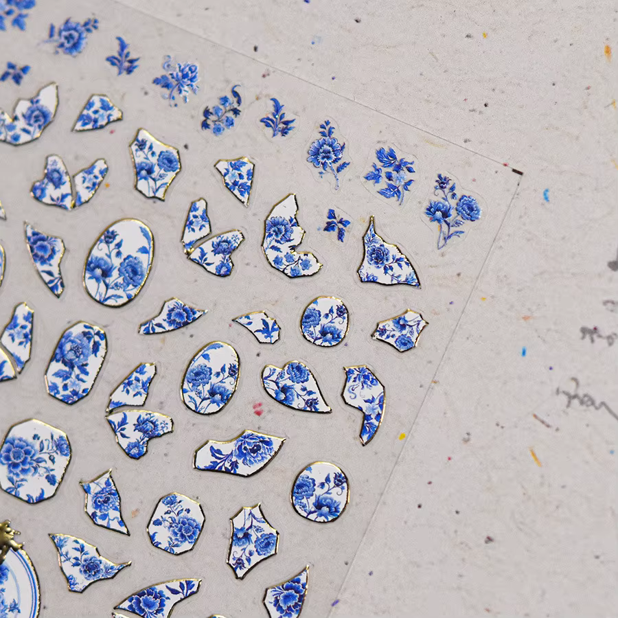 Autocollant pour ongles Dragon en porcelaine bleue et blanche