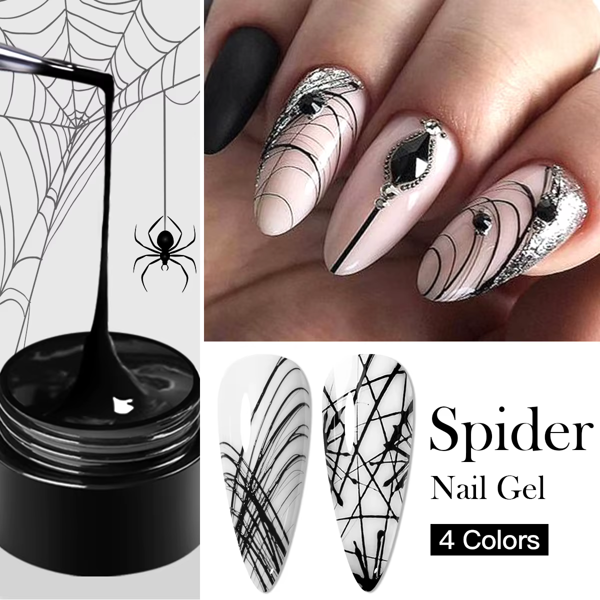 Gel UV pour ongles effet araignée noir et blanc