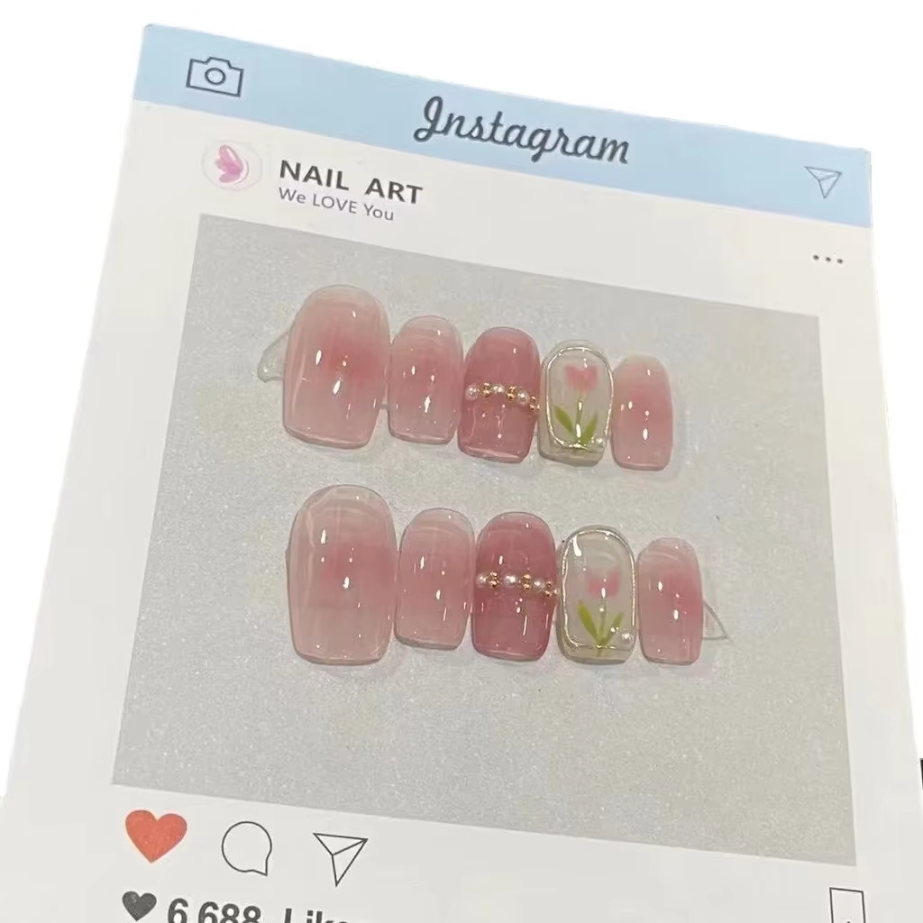 Printemps Fille Blush Manucure Perle Tulipe Carré Faux Ongles Rose Doux Fait À La Main Nail Art Patchs