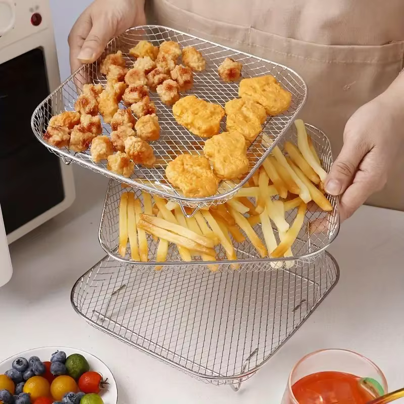 Ensemble d'accessoires pour friteuse à air en acier inoxydable 3 pièces - Grille carrée pour frites et grillades pour la cuisine et la salle à manger, grille pour friteuse à air