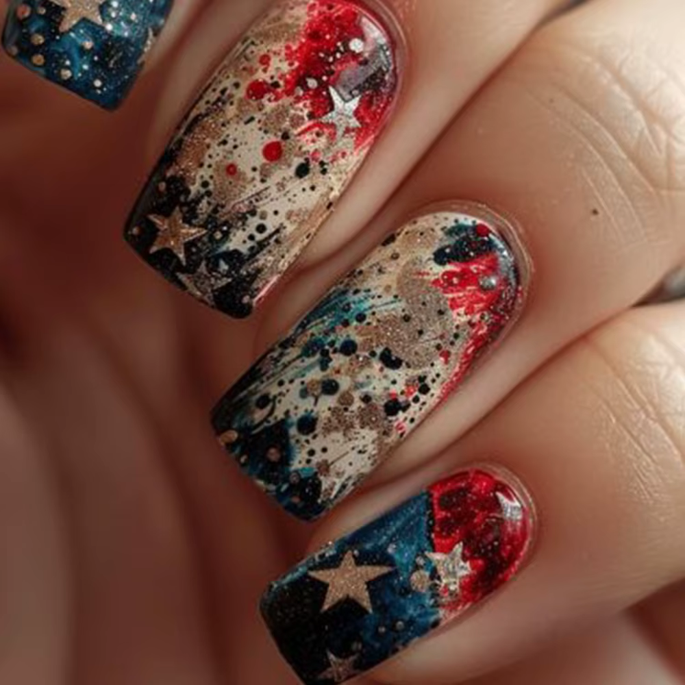 24 pièces faux ongles avec ciel étoilé coloré carré presse