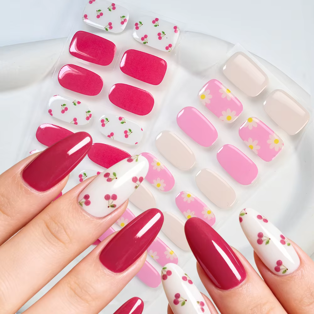 Autocollants pour ongles en gel UV semi-durcis à motif fleur de cerisier rose