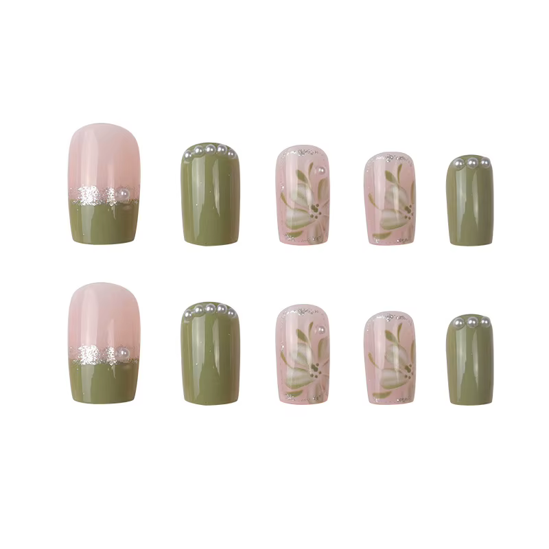 24 pièces/ensemble presse sur faux ongles vert portant
