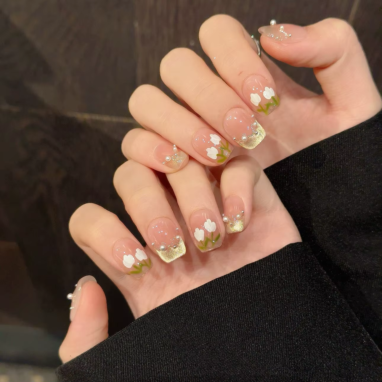 10 pièces oeil de chat faux ongles faits à la main avec perle longue amande couverture complète pointe d'ongle tulipe