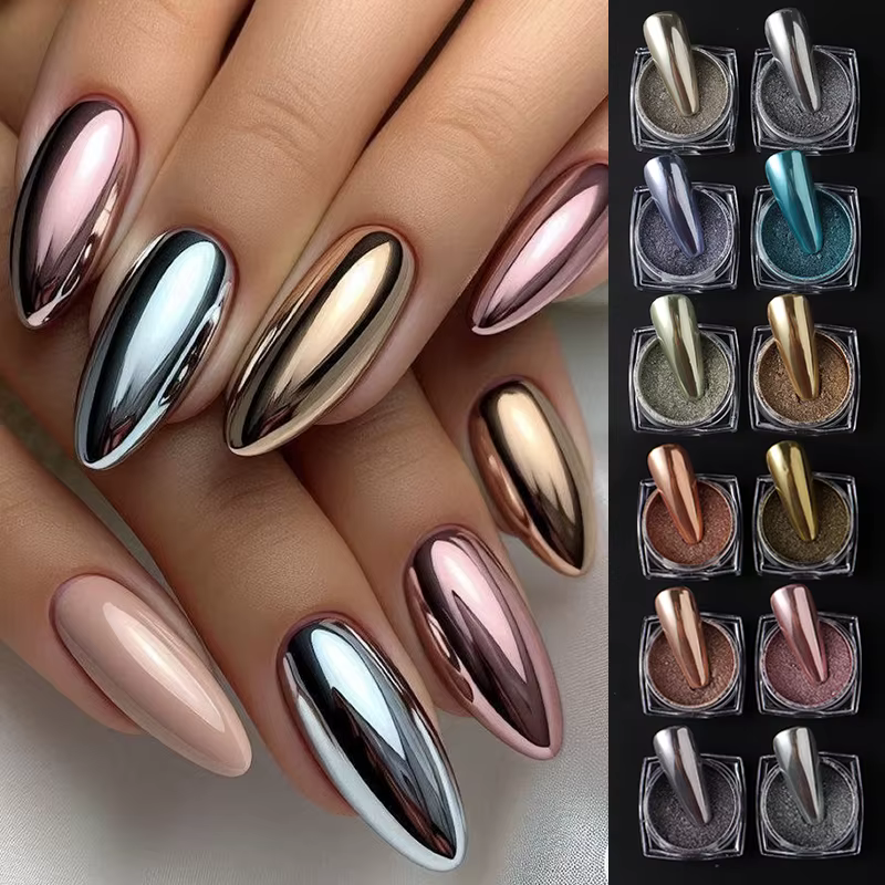 Poudre à ongles chromée or argent Rose
