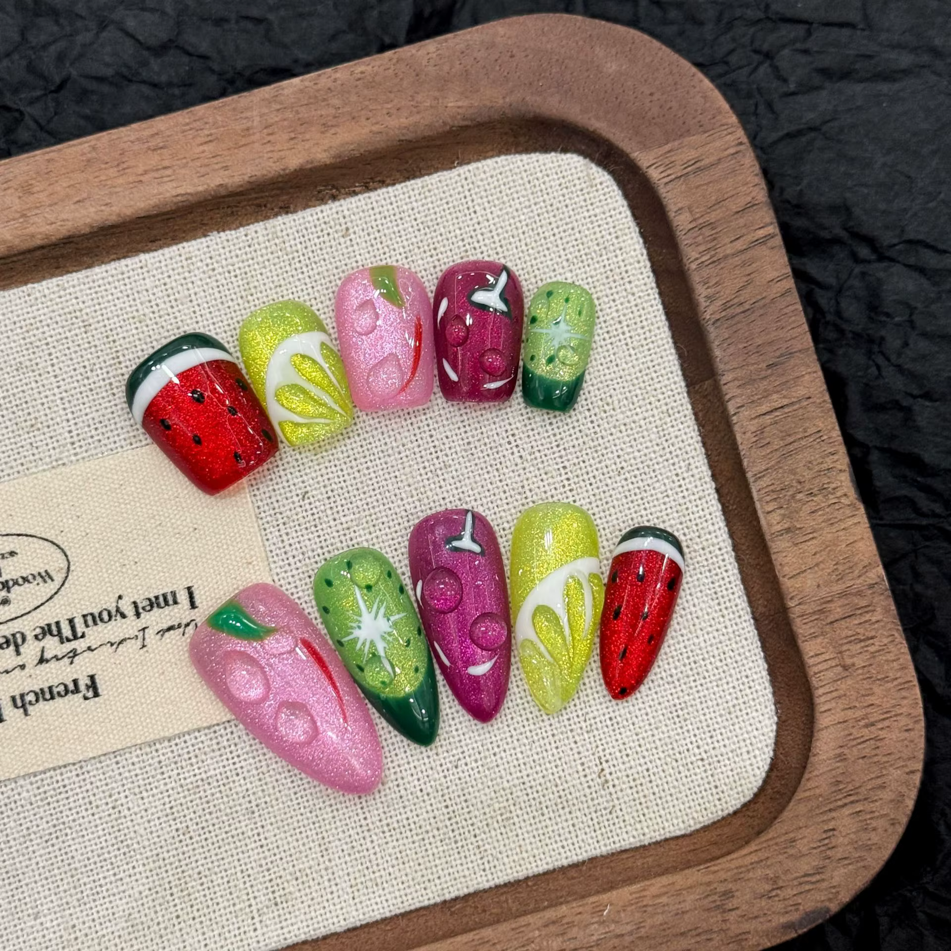 10 pièces à la main fruits presse sur ongles été pastèque et citron faux
