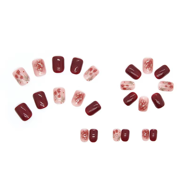 24 pièces faux ongles avec Design faux ongles carrés courts avec breloques de colle auto-ongle Rose rouge décoré ongles acryliques presse sur 2025