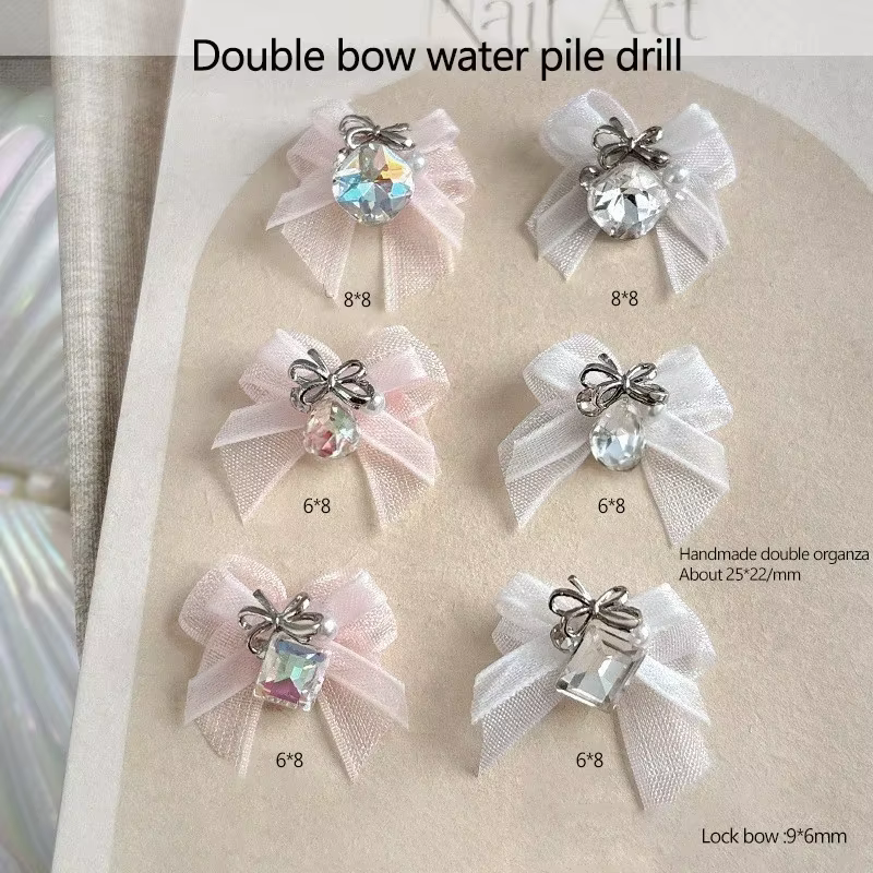 5 pièces 3D Organza arc Nail Art strass accessoires blanc rose arc carré goutte d'eau diamant