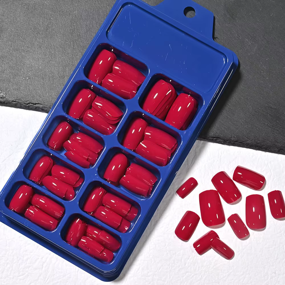 120 faux ongles carrés brillants rouge rose