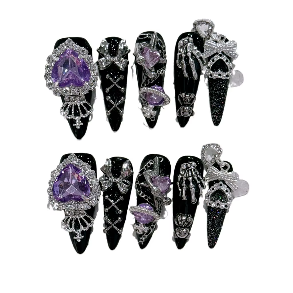 Japonais Menhera Luxe Long Tips Presse Sur Les Ongles y2k Spice Girls Noir Fait Main Nail Bear Arc Couronne Violet Diamants Faux