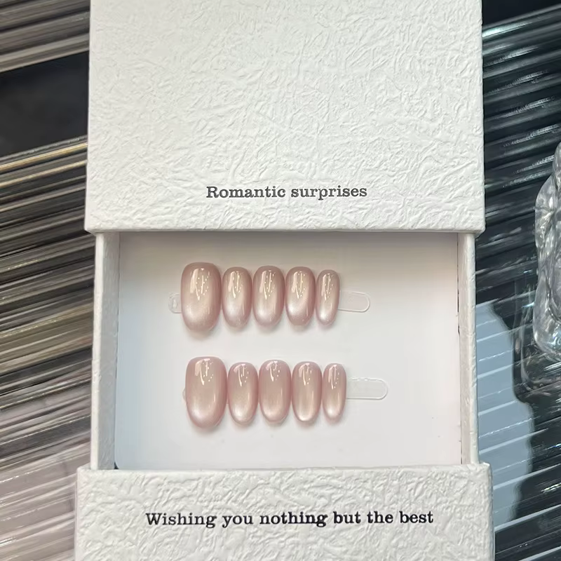 10 pièces oeil de chat rose doux à la main presse sur les ongles couverture complète Simple couleur Pure court ovale