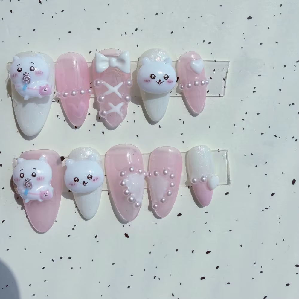 Ongles press-on Chiikawa, mignons, 3D, dessin animé, faux ongles rose et blanc, kawaii, nail art pour filles, cadeau