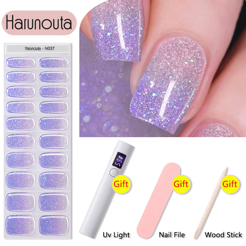 Harunouta 4 pièces/ensemble bandes d'ongles en Gel semi-durci avec sèche-ongles lime à ongles bâton en bois opale laiteuse brillant LED enveloppes durcies
