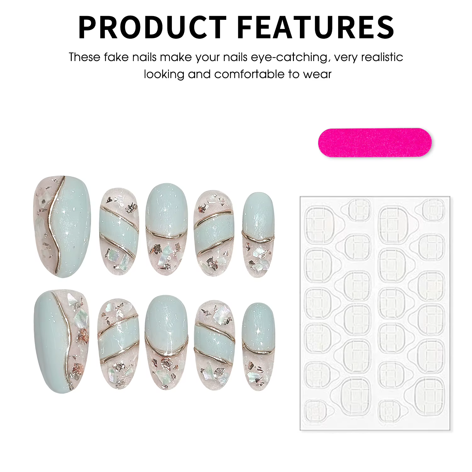 10 pièces Vintage faux ongles faits à la main glace Transparent menthe vert or bordure conceptions presse