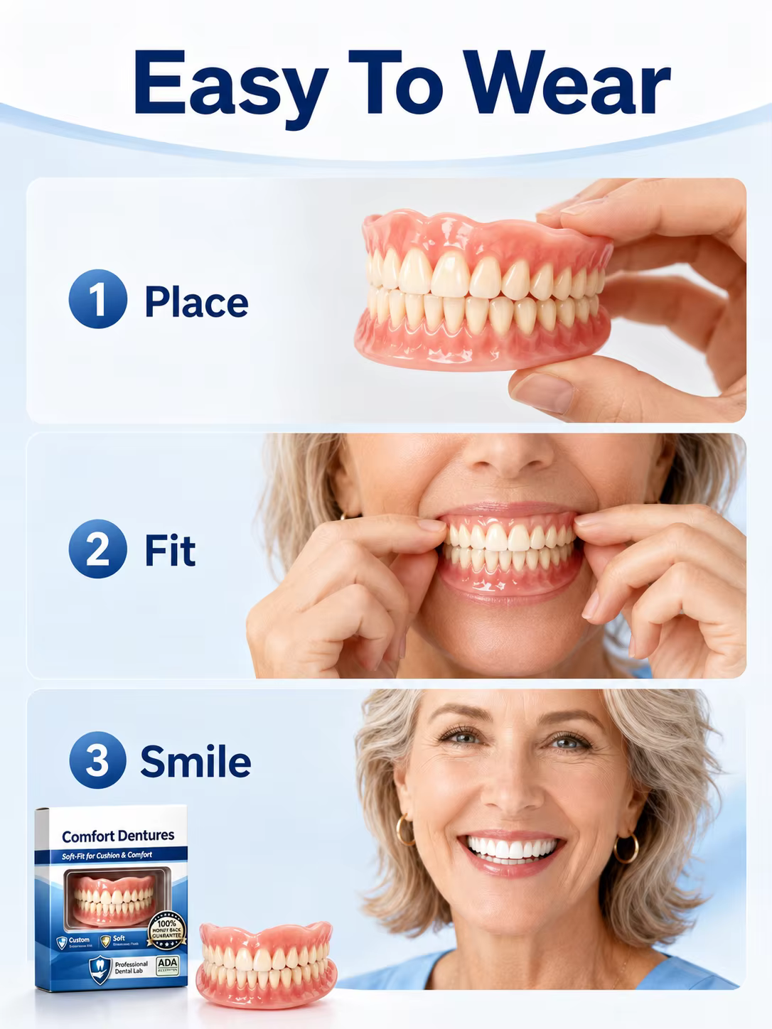 Dents artificielles, prothèses dentaires instantanées, solution naturelle pour les dents manquantes, ajustement confortable, utilisation facile, kit dentaire