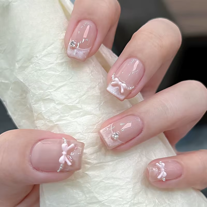 24 pièces paillettes diamant presse sur ongles Blush rose oeil de chat faux
