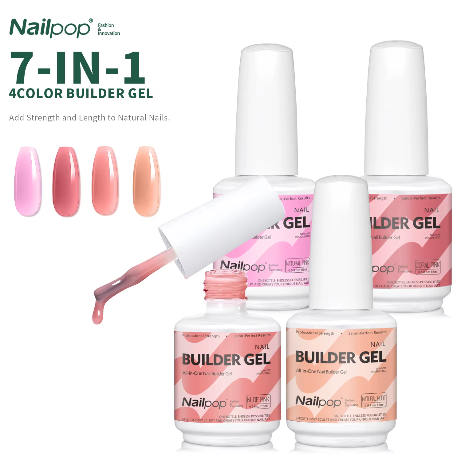 Nailpop 7IN1 Gel constructeur multifonctionnel 4 couleurs Extension force Apex Base de construction pour débutant manucure amicale 15 ml