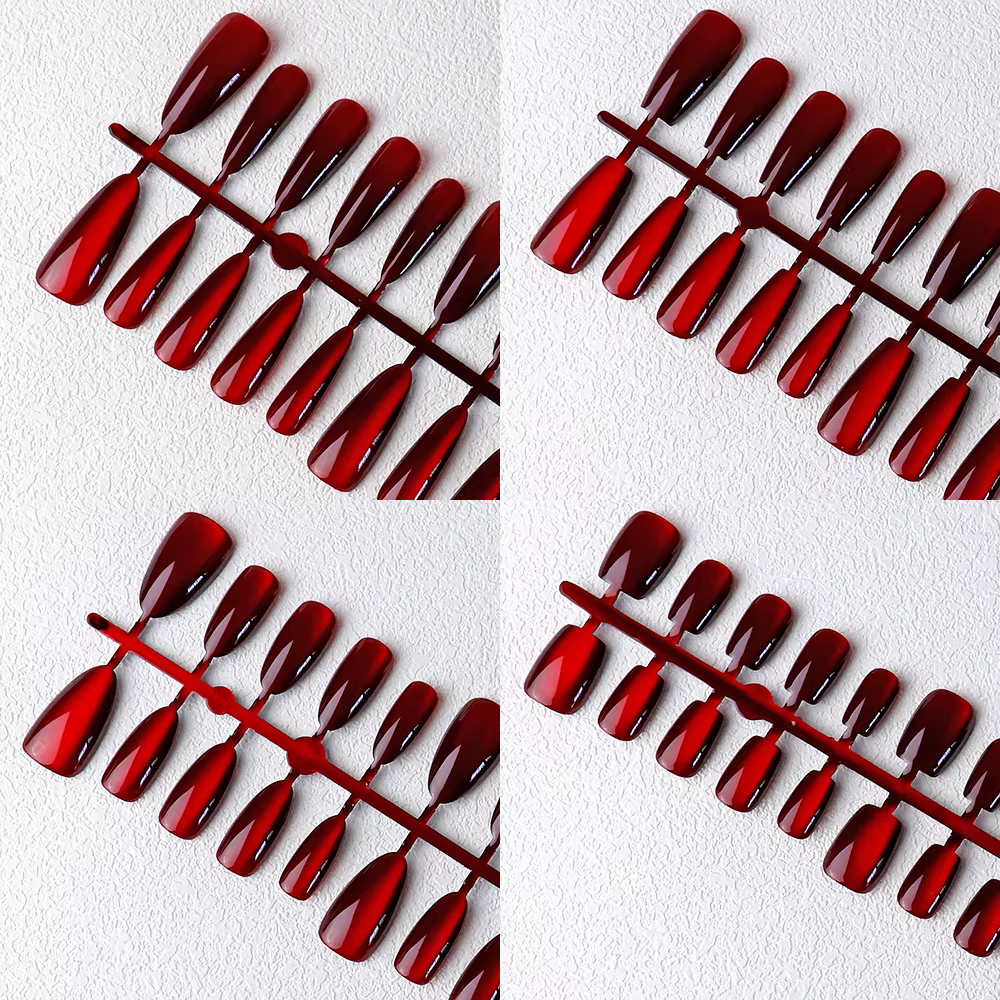 30 pièces aimant rouge oeil de chat faux ongles amande longue cercueil brillant