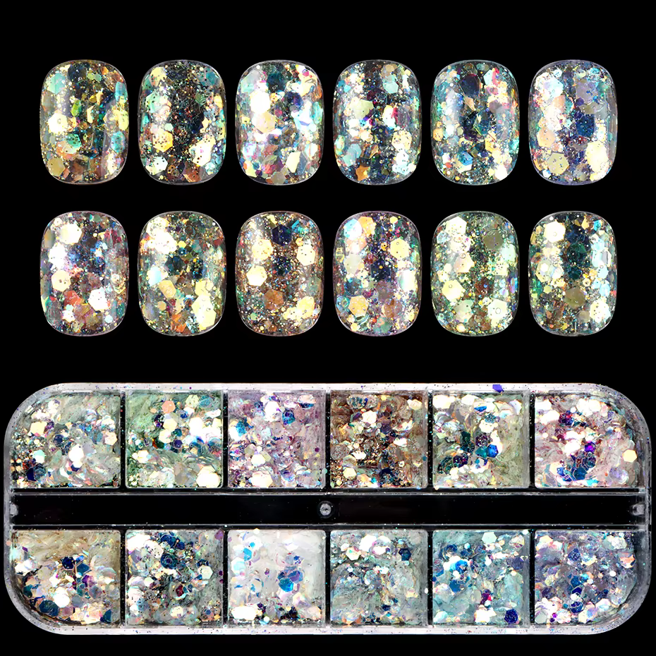 12 grilles scintillantes sirène hexagone Nail Art paillettes