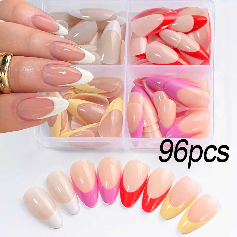96 pièces/boîte mixte moyen amande français faux ongles blanc/rouge/rose/jaune