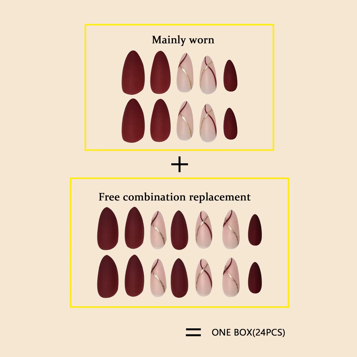 Femmes filles 24 pièces/ensemble forme de goutte moyenne français rouge or ligne Surface mate couverture complète portable faux ongles presse sur Nail Art
