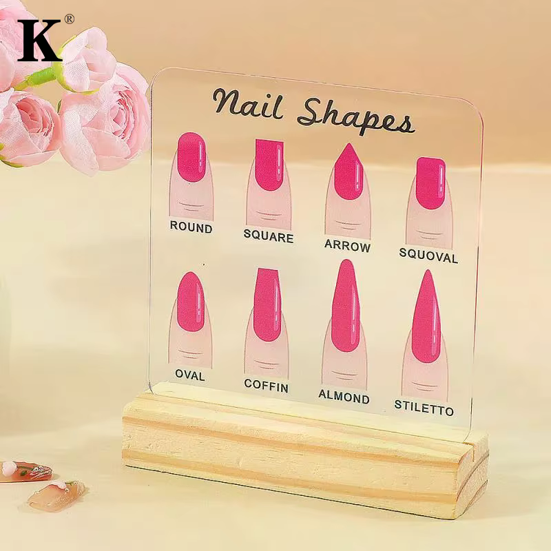Présentoir de Formes d'Ongles en Acrylique Transparent avec Base en Bois et Diamants – Support de Présentation de Créations Nail Art sur Bureau