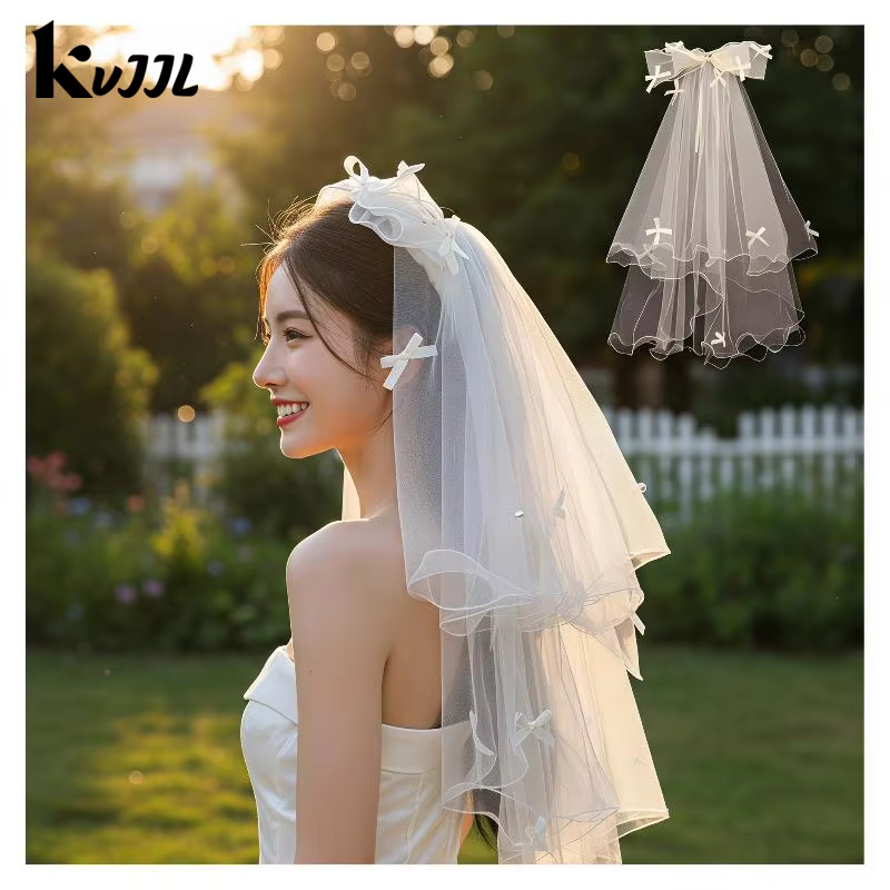 Voile de mariée court en tulle blanc avec nœud et pince à cheveux, accessoires pour enterrement de vie de jeune fille, accessoires pour séance photo