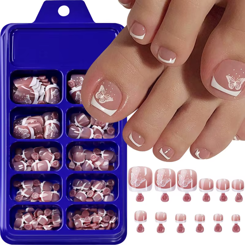 120 faux ongles de pieds carrés courts brillants style français papillon