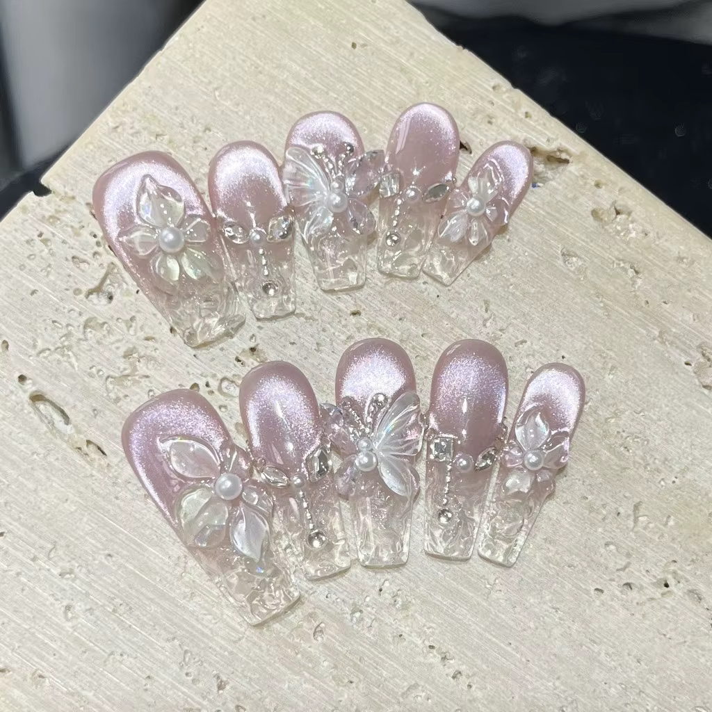 Faux ongles à presser faits main motif fleur de Bauhinia 3D printemps