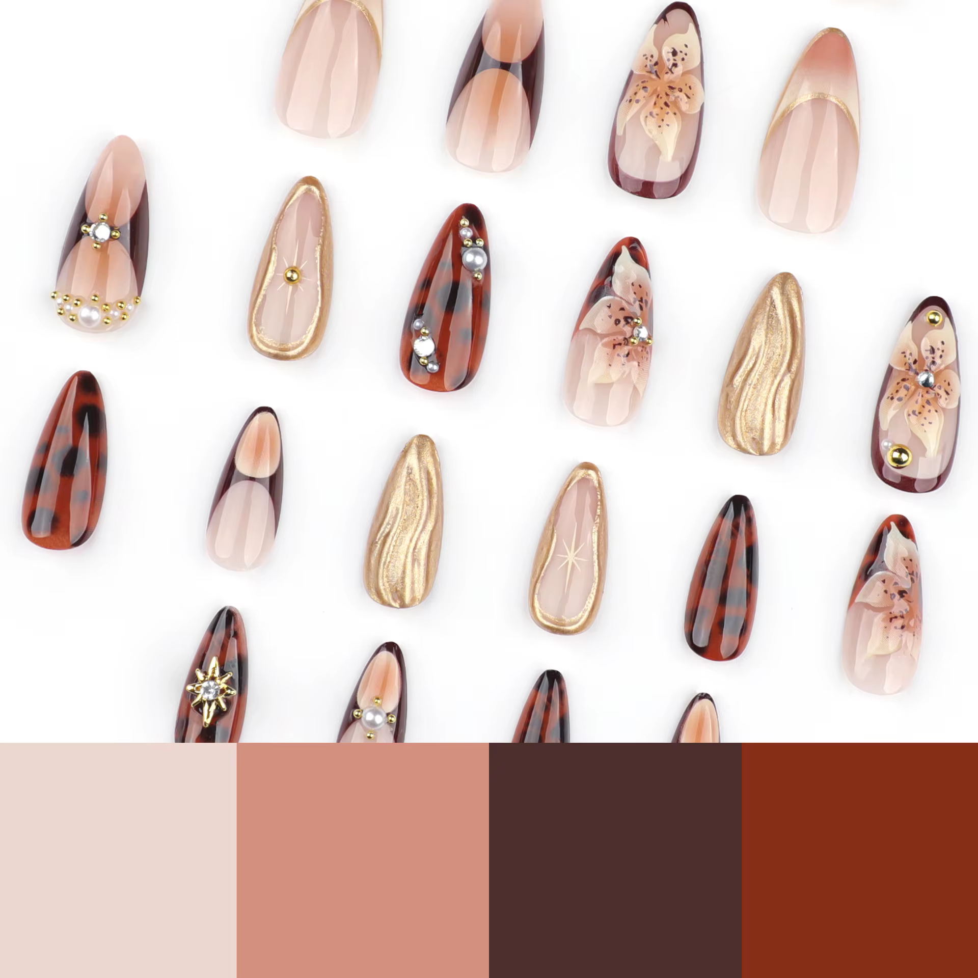 Faux ongles de luxe Maillard en amande à presser avec motif floral 3D et coquille, brillants et réutilisables, pour mariée