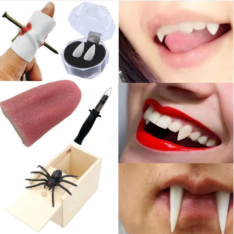 Prothèses dentaires d'Halloween, fausse langue, farces, couteau à poignard, faux ongles rétractables, accessoires magiques pour Halloween