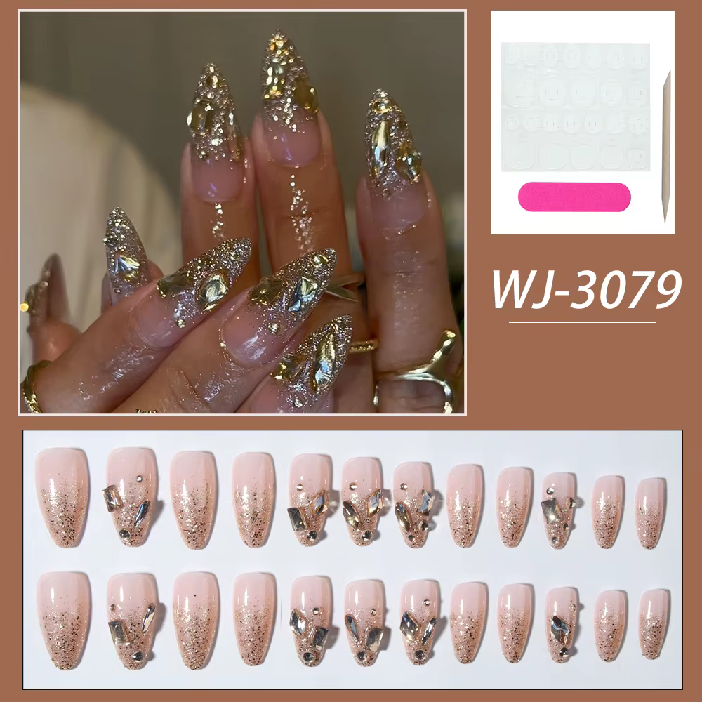 24 pièces d'ongles longs en forme d'amande avec lumière scintillante : design français