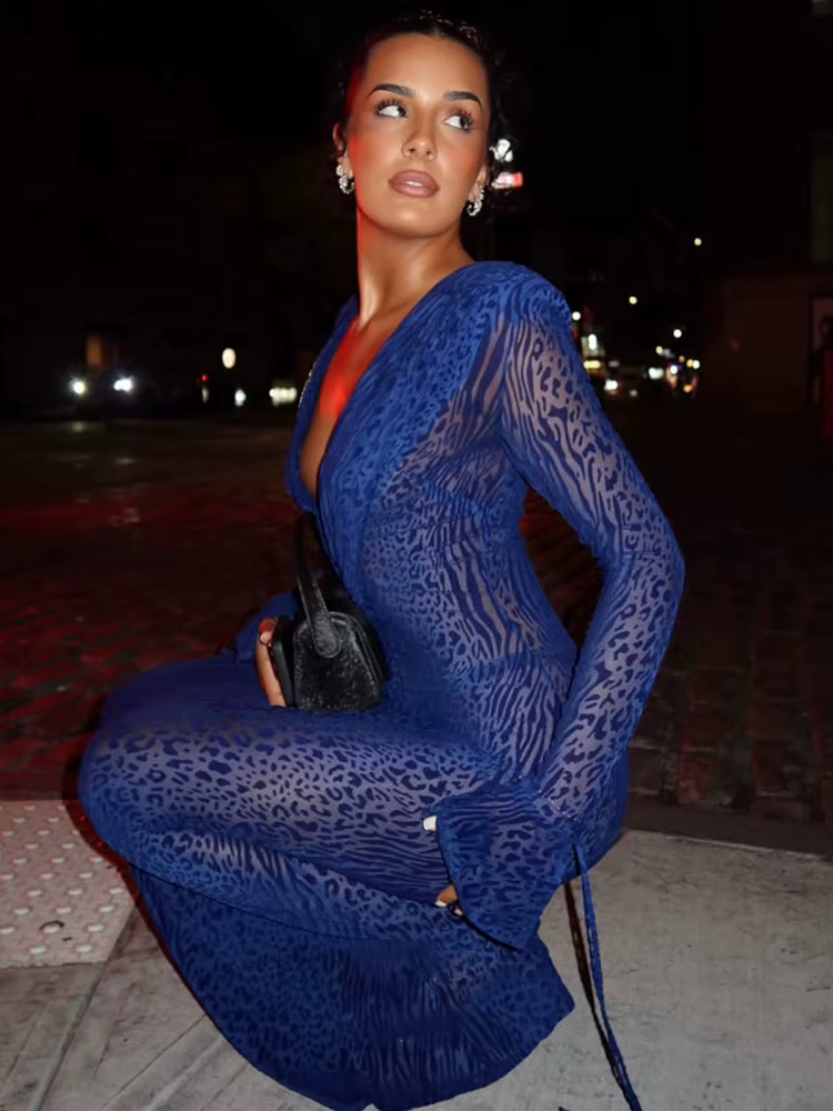 Sisterlinda Sexy Voir À Travers Robe Femmes Col En V Ruché Bouton Léopard À Lacets Flare Manches Élégante Soirée Stretch Mince Moulante