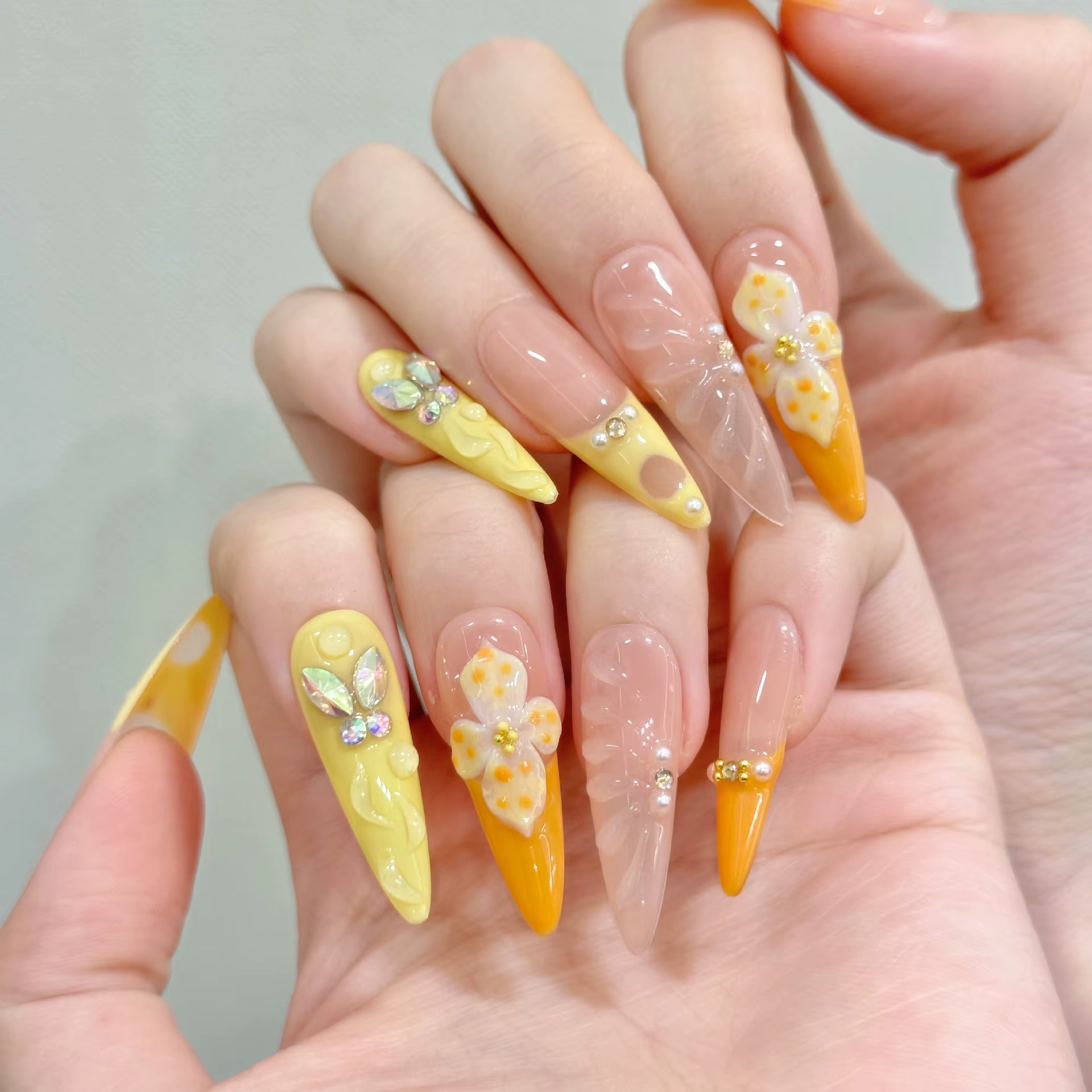 10 pièces vitalité Orange français presse à la main sur les ongles 3D sculpture oeuf fleur conceptions faux