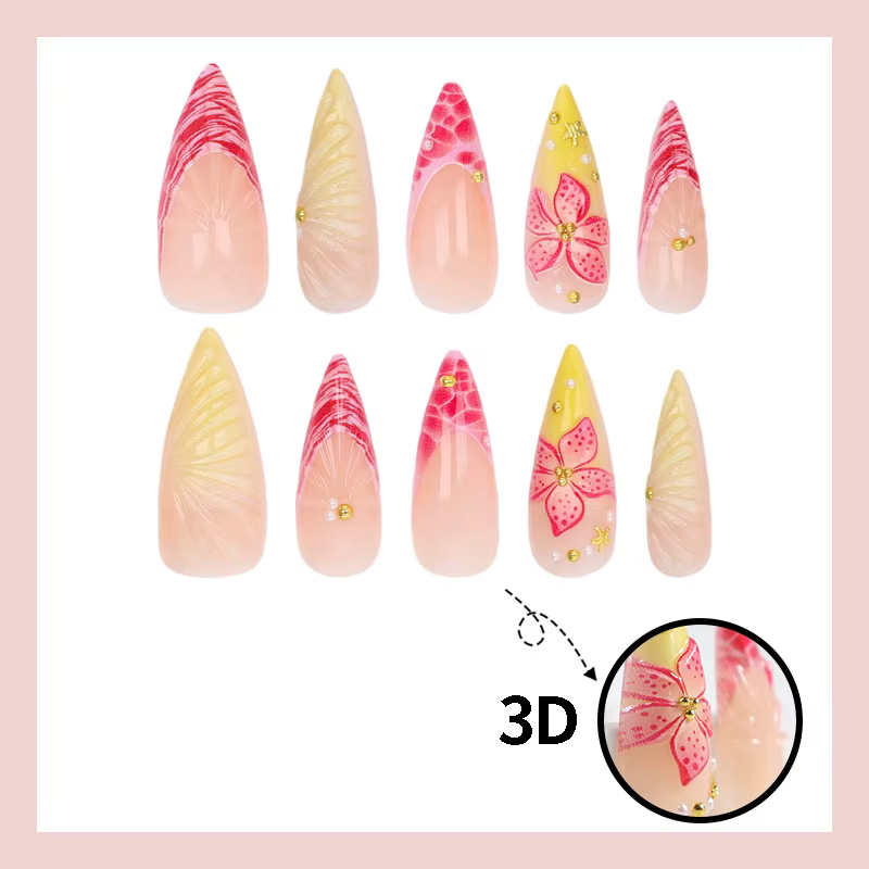 24 faux ongles longs décorés de gravures florales en trois dimensions