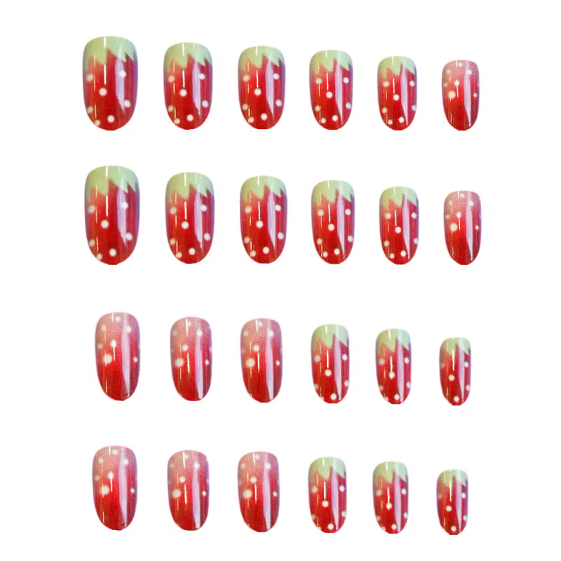 24 pièces doux rouge tache français portable presse sur ongles mignon fraise à pois court ovale faux