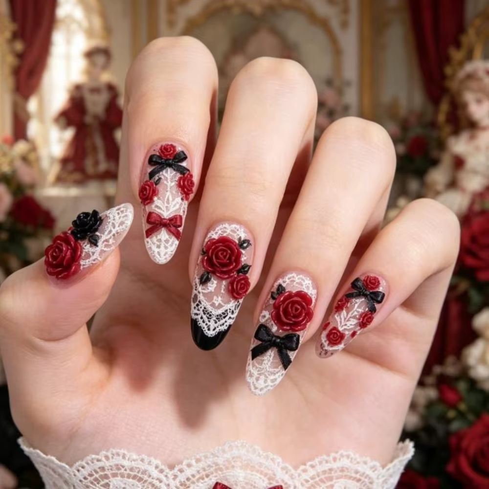 Accessoires pour ongles en forme de roses vintage, décorations de roses rouges et noires mélangées, fournitures pour ongles DIY, style Lolita sombre, punk, gothique.