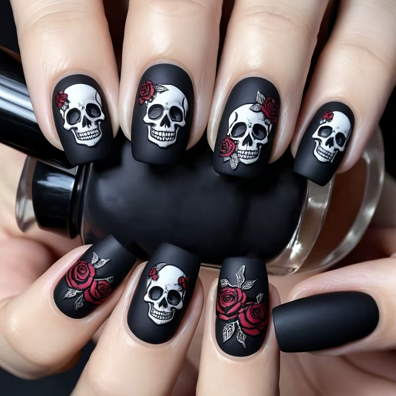 24 pièces ongles d'Halloween noir mat rose crâne imprimé conception couverture complète presse faux