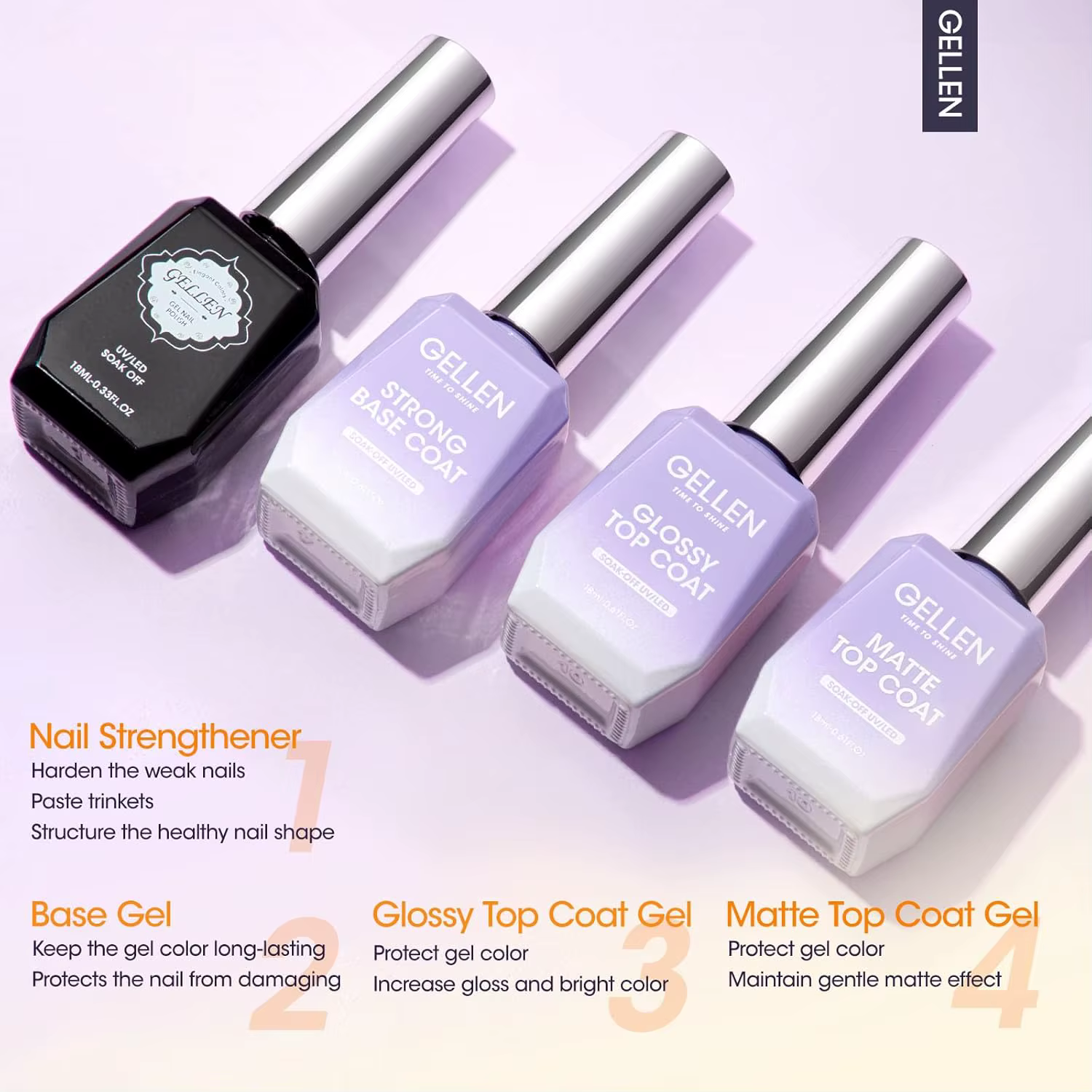 GELLEN Kit de Gel Professionnel pour Nail Art 18ml 4 Pièces Base Top Coat Transparent Renforçateur Vernis Soak Off Manucure DIY Longue Durée